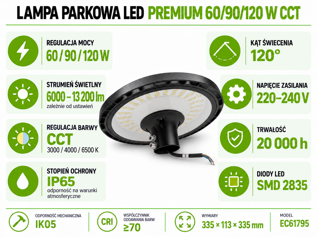 Lampa parkowa LED Eco Light PREMIUM 60 90 120W CCT IP65 czarna