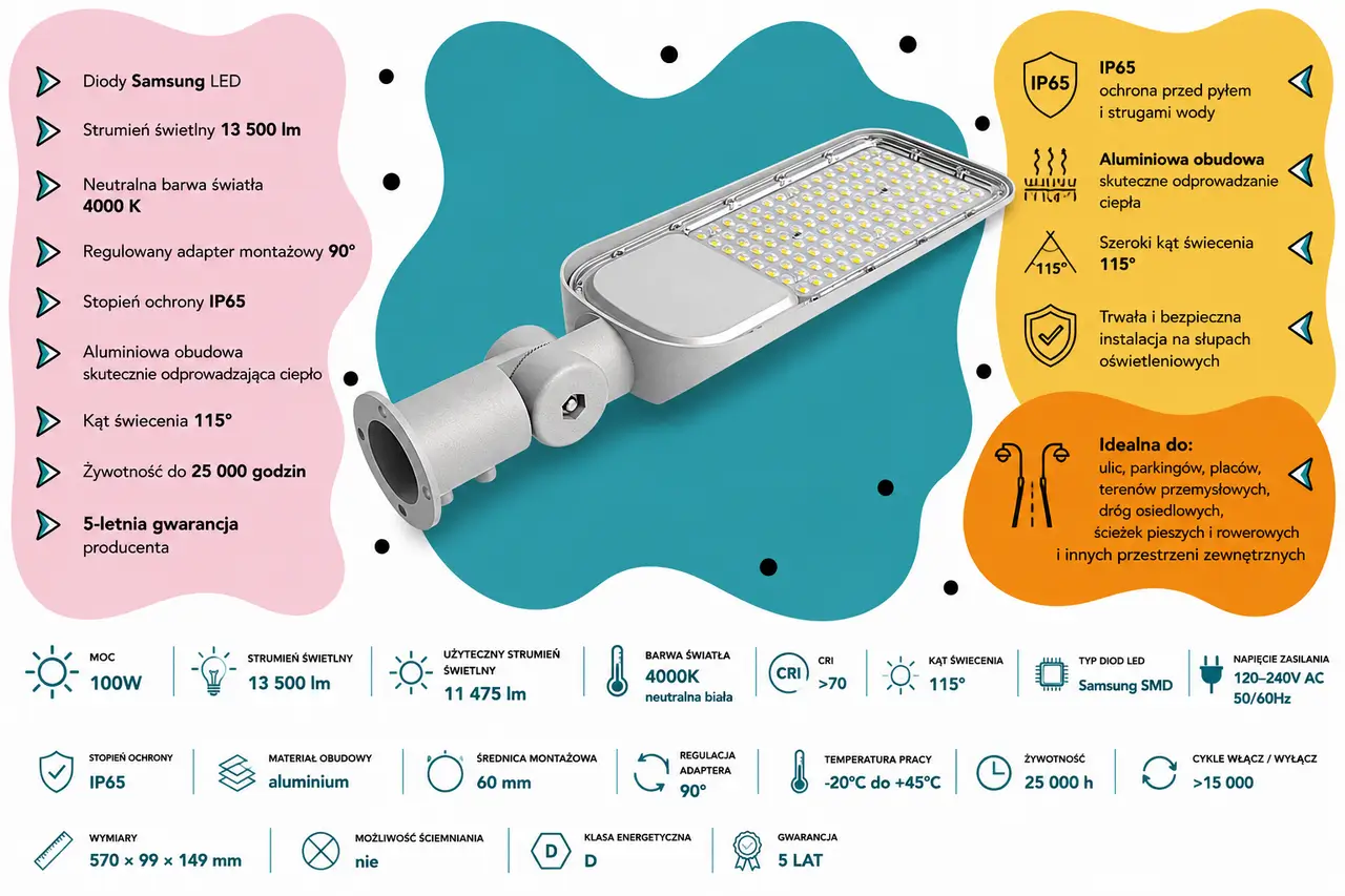 Lampa uliczna LED V-TAC VT-139ST 100W 4000K IP65 Samsung LED