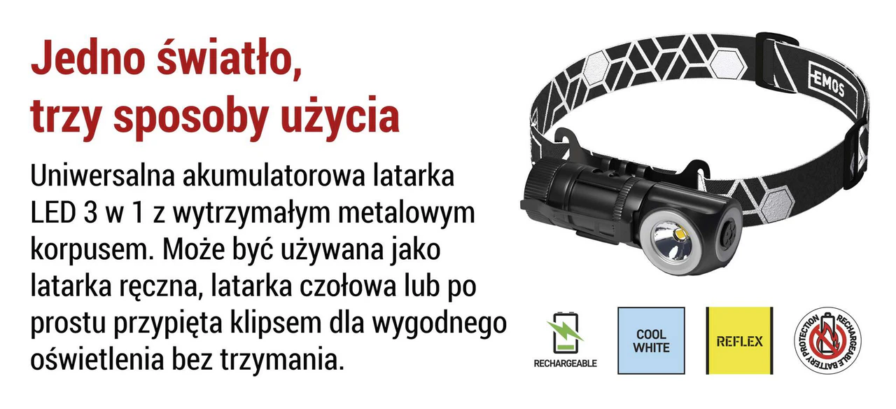 Latarka czołowa LED 500 lm z akumulatorem Li-ion 800 mAh