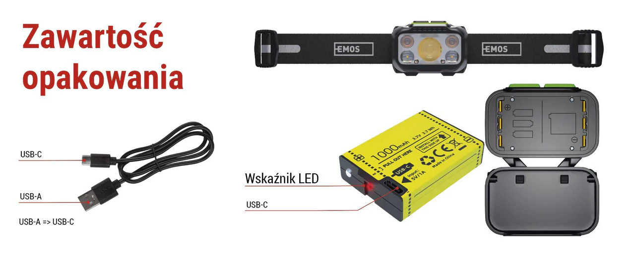 Latarka czołowa LED 550 lm z akumulatorem Li-Po 1000 mAh komplet