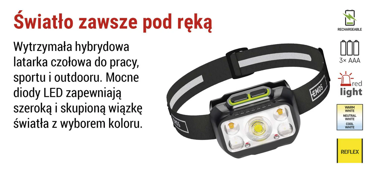 Latarka czołowa LED 550 lm z akumulatorem Li-Po 1000 mAh