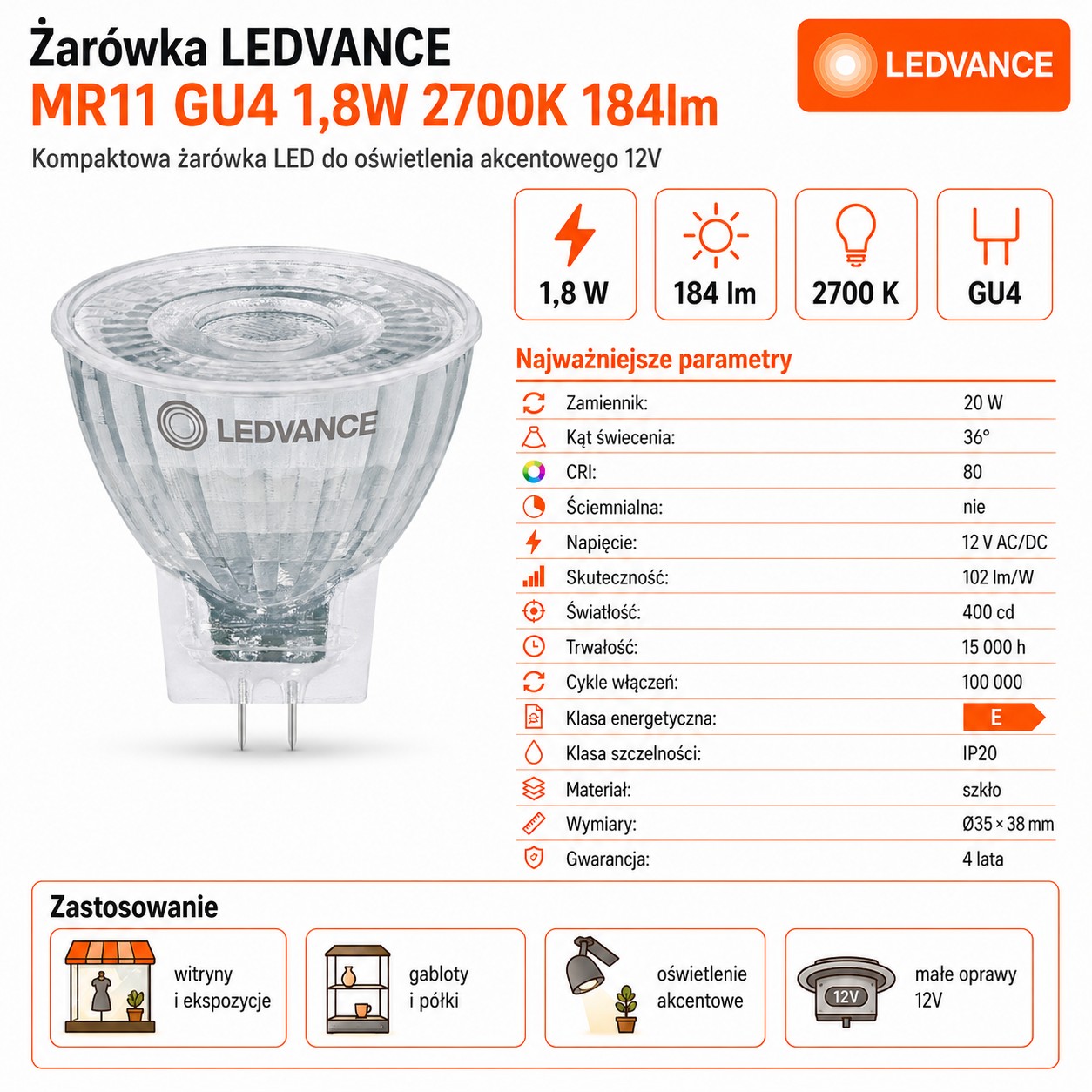 Żarówka LED MR11 1.8W=20W biała ciepła 184lm 36°