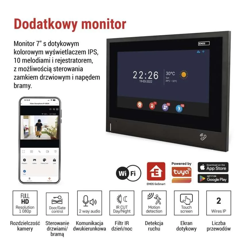 Monitor dodatkowy wideodomofonu EMOS GoSmart IP880B 2WIRE 7″ Wi-Fi czarny