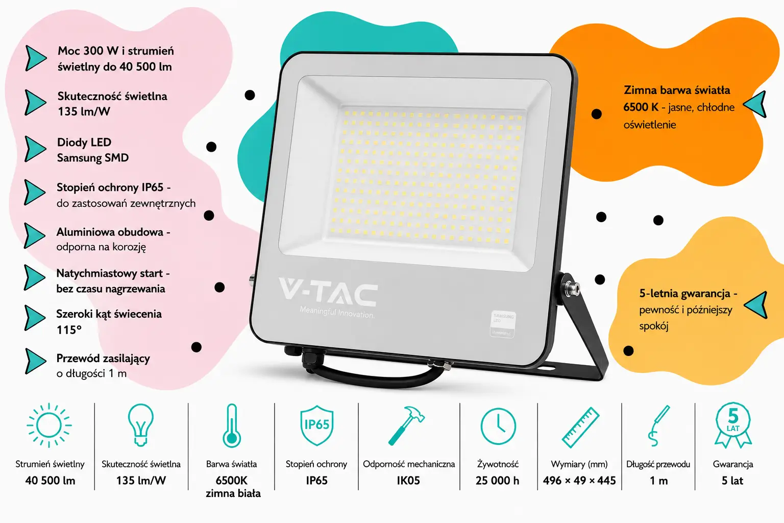 Naświetlacz LED V-TAC VT-44003 300W Samsung 6500K IP65 40500 lm