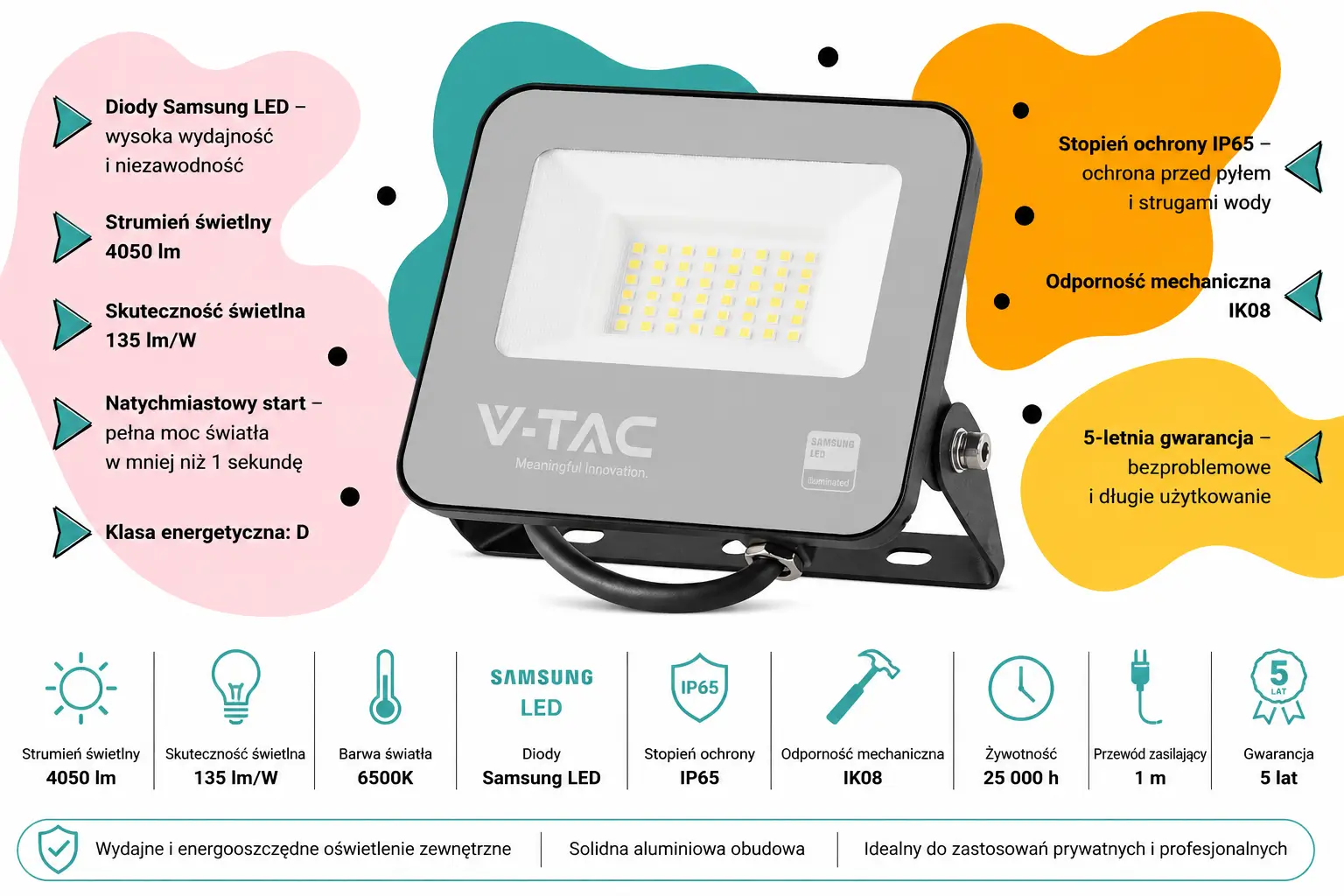 Naświetlacz LED V-TAC VT-44033 30W 6500K Samsung IP65 4050 lm