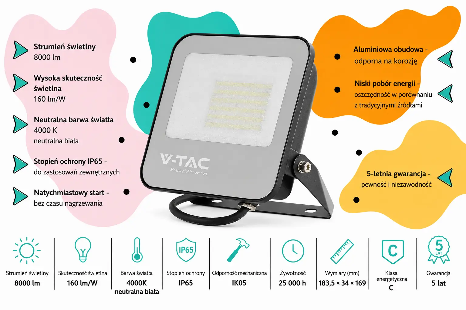 Naświetlacz LED V-TAC VT-44051 50W 4000K IP65 8000 lm 160 lmW