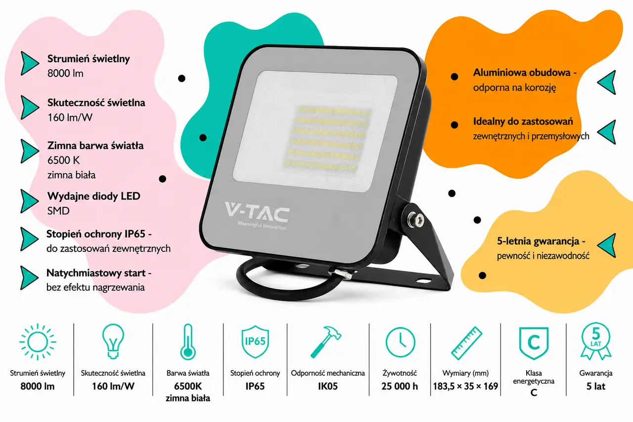 Naświetlacz LED V-TAC VT-44051 50W 6500K IP65 8000 lm 160 lmW