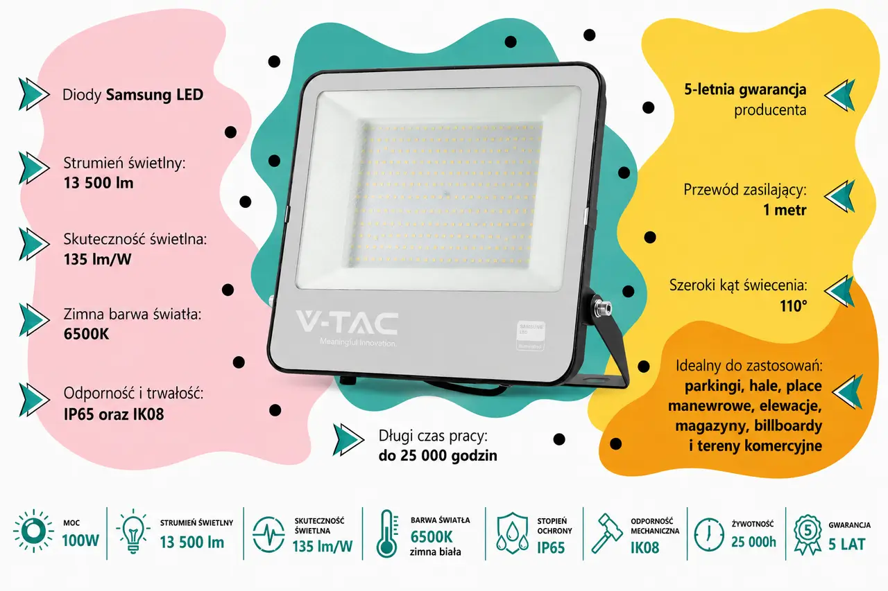 Naświetlacz LED V-TAC VT-44101 100W 6500K Samsung IP65 13500 lm