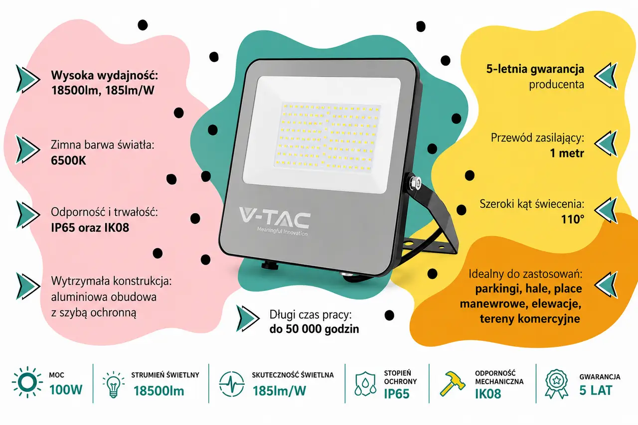 Naświetlacz LED V-TAC VT-44105 100W 6500K IP65 18500 lm 185 lmW