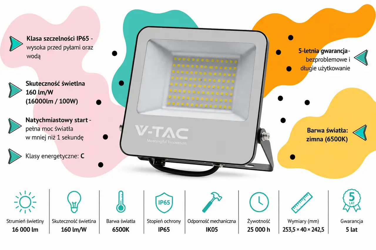 Naświetlacz LED V-TAC VT-44106 100W 6500K IP65 16000 lm 160 lmW