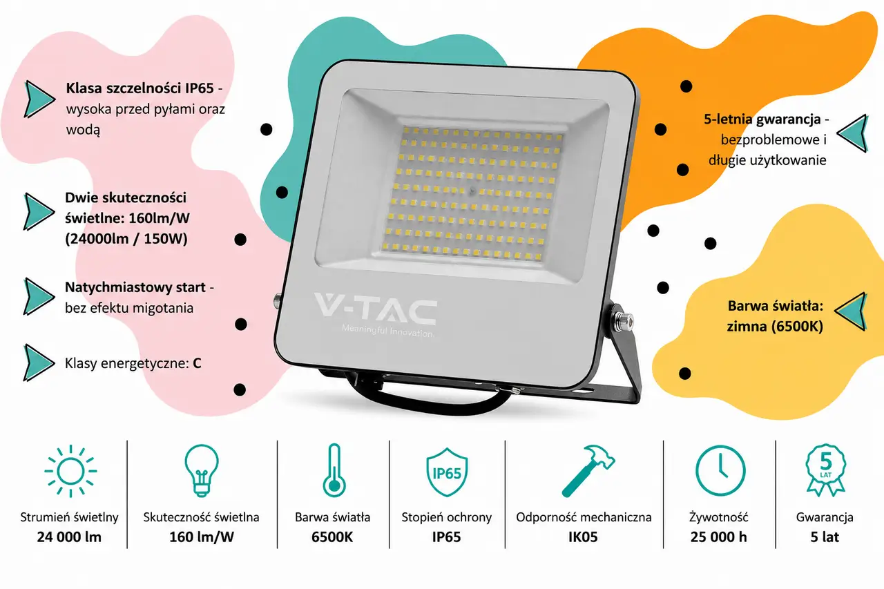 Naświetlacz LED V-TAC VT-44160 150W 6500K IP65 24000 lm 160 lmW