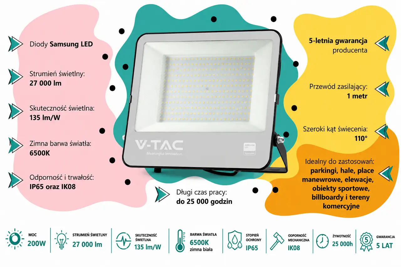 Naświetlacz LED V-TAC VT-44201 200W 6500K Samsung IP65 27000 lm