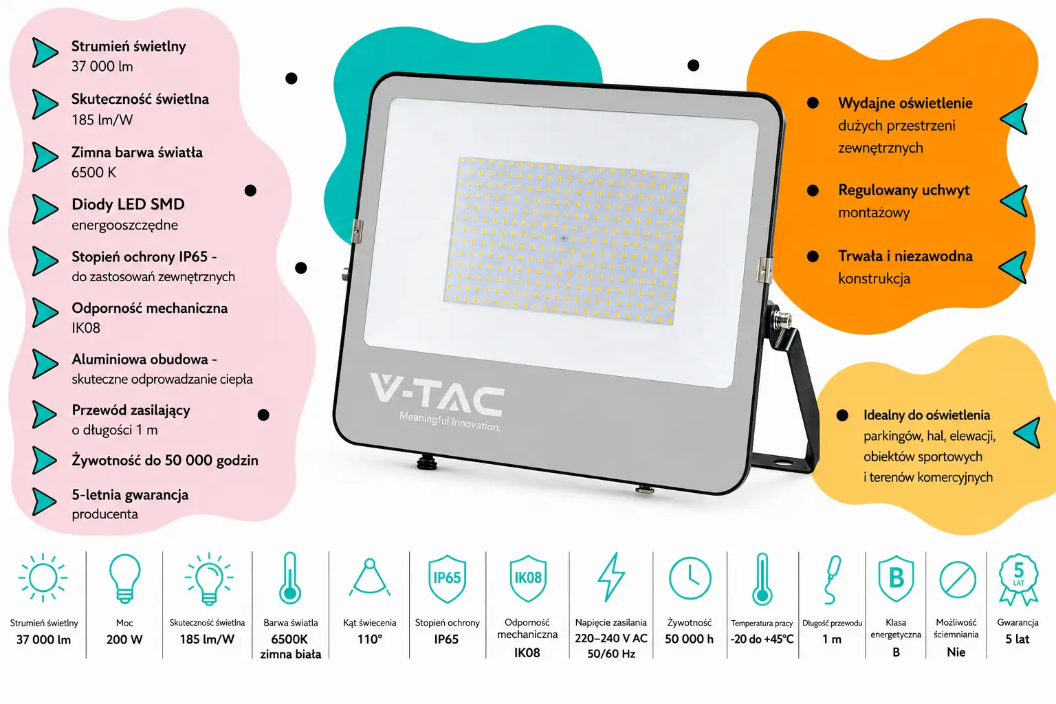 Naświetlacz LED V-TAC VT-44205 200W 6500K IP65 37000 lm 185 lmW