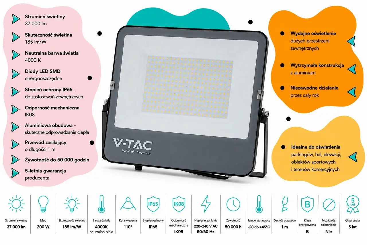 Naświetlacz LED V-TAC VT-44205-5 200W 4000K IP65 37000 lm 185 lmW