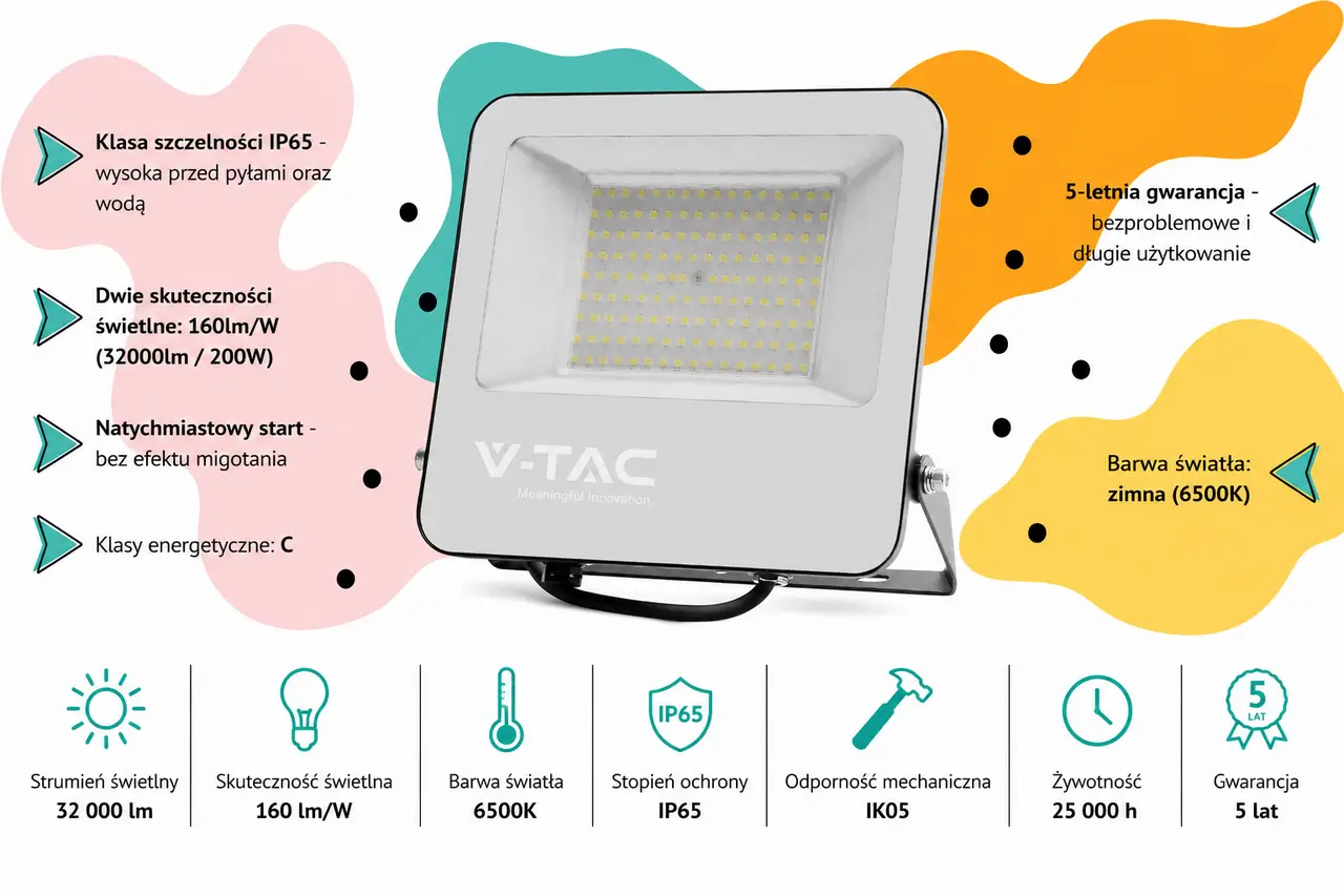 Naświetlacz LED V-TAC VT-44206 200W 6500K IP65 32000 lm 160 lmW