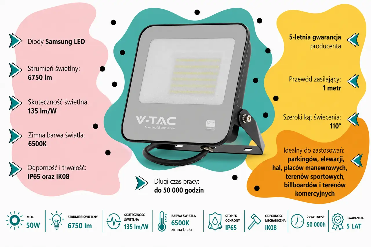 Naświetlacz LED V-TAC VT-4455 50W 6500K Samsung IP65 6750 lm