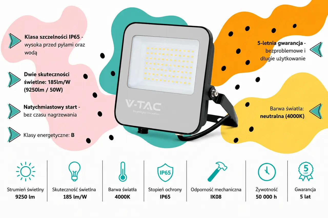 Naświetlacz LED V-TAC VT-4456 50W 4000K IP65 9250 lm 185 lmW