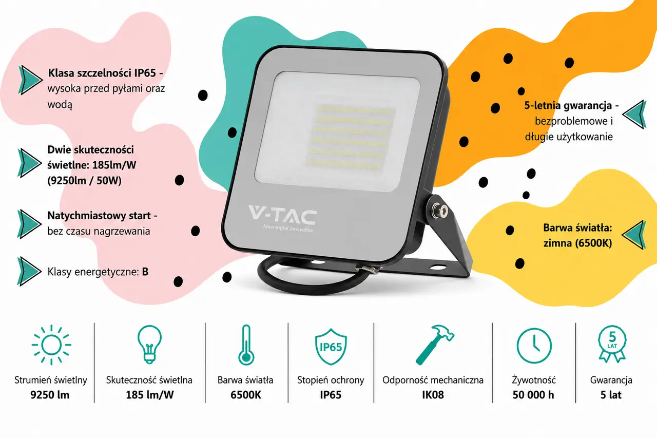 Naświetlacz LED V-TAC VT-4456-5 50W 6500K IP65 9250 lm 185 lmW