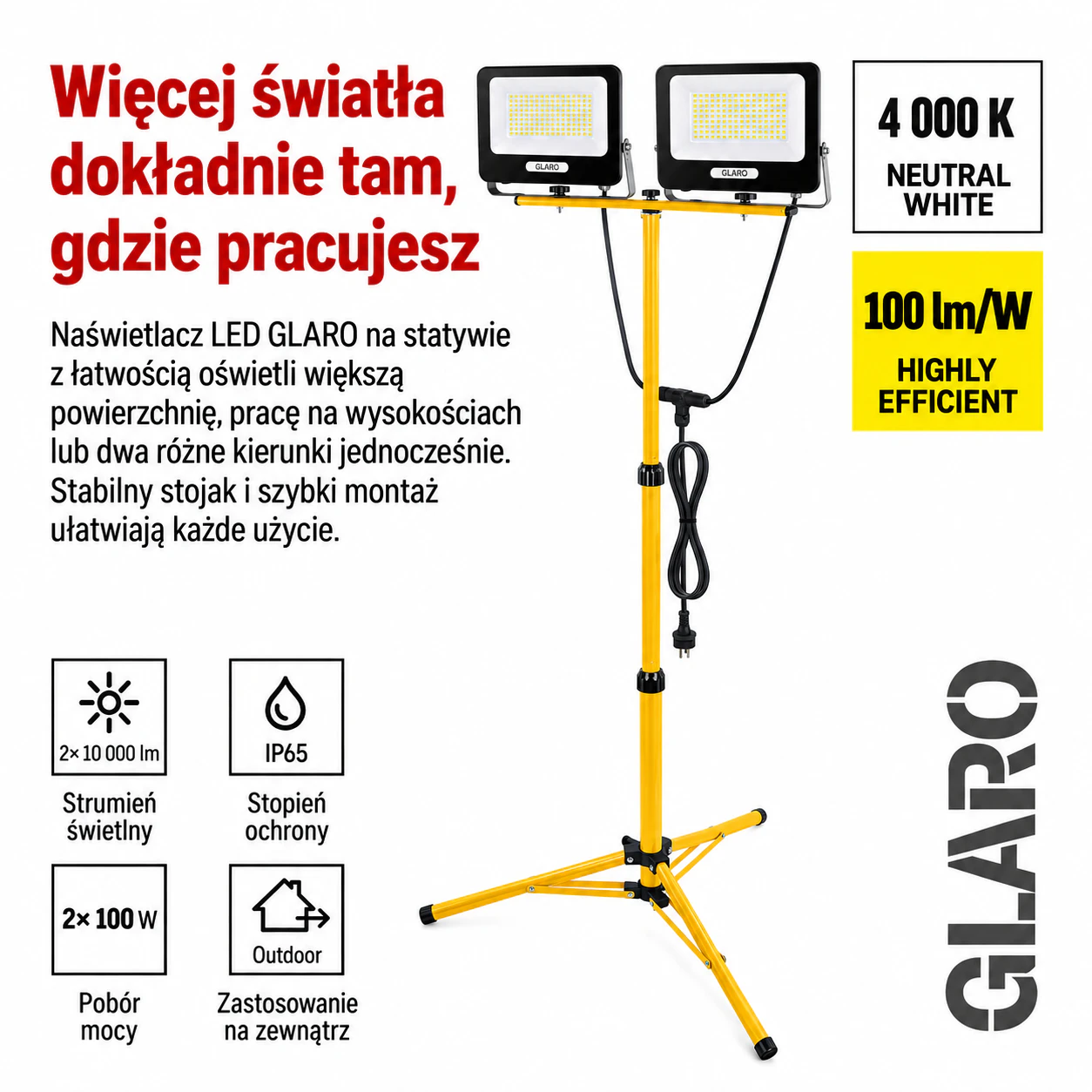 Naświetlacz roboczy LED GLARO 2x100W ze statywem