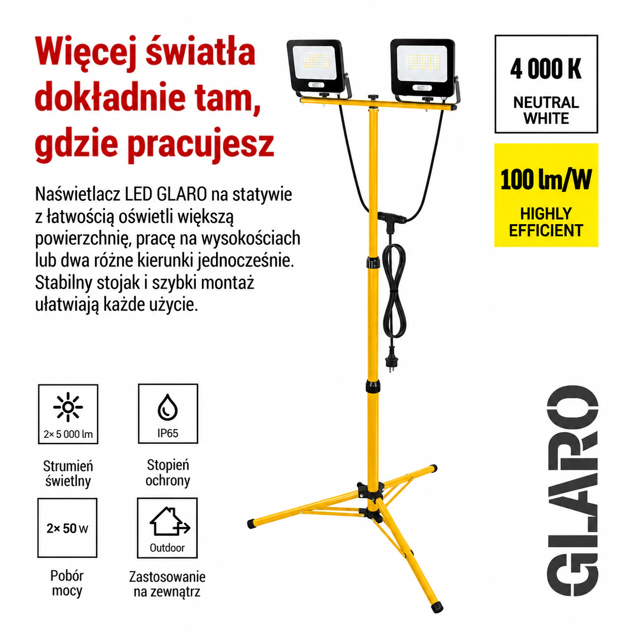 Naświetlacz roboczy LED GLARO 2x50W ze statywem