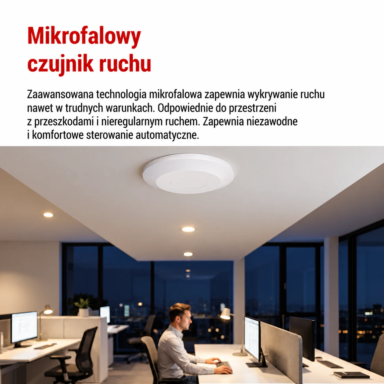Okrągły biały czujnik obecności 24 GHz widok z przodu