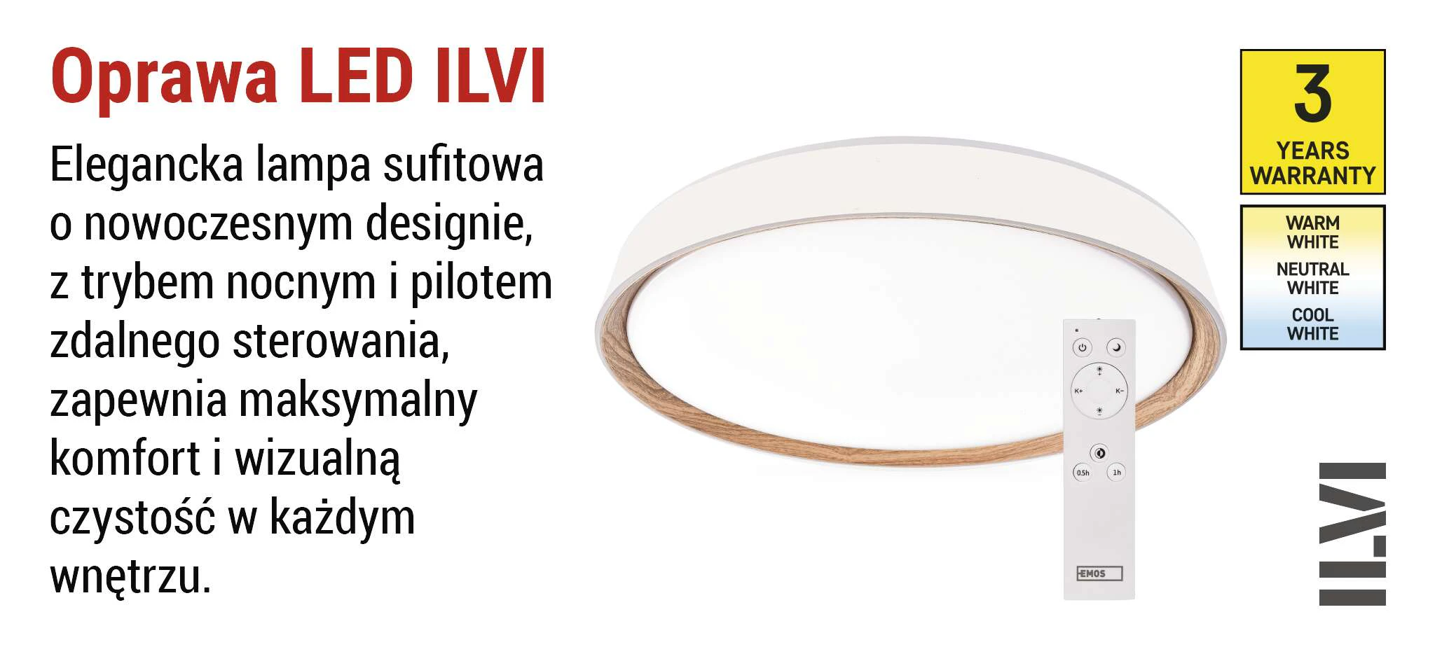 Oprawa LED EMOS ILVI 30W CCT regulowana ściemnialna z pilotem ∅400mm białadrewno