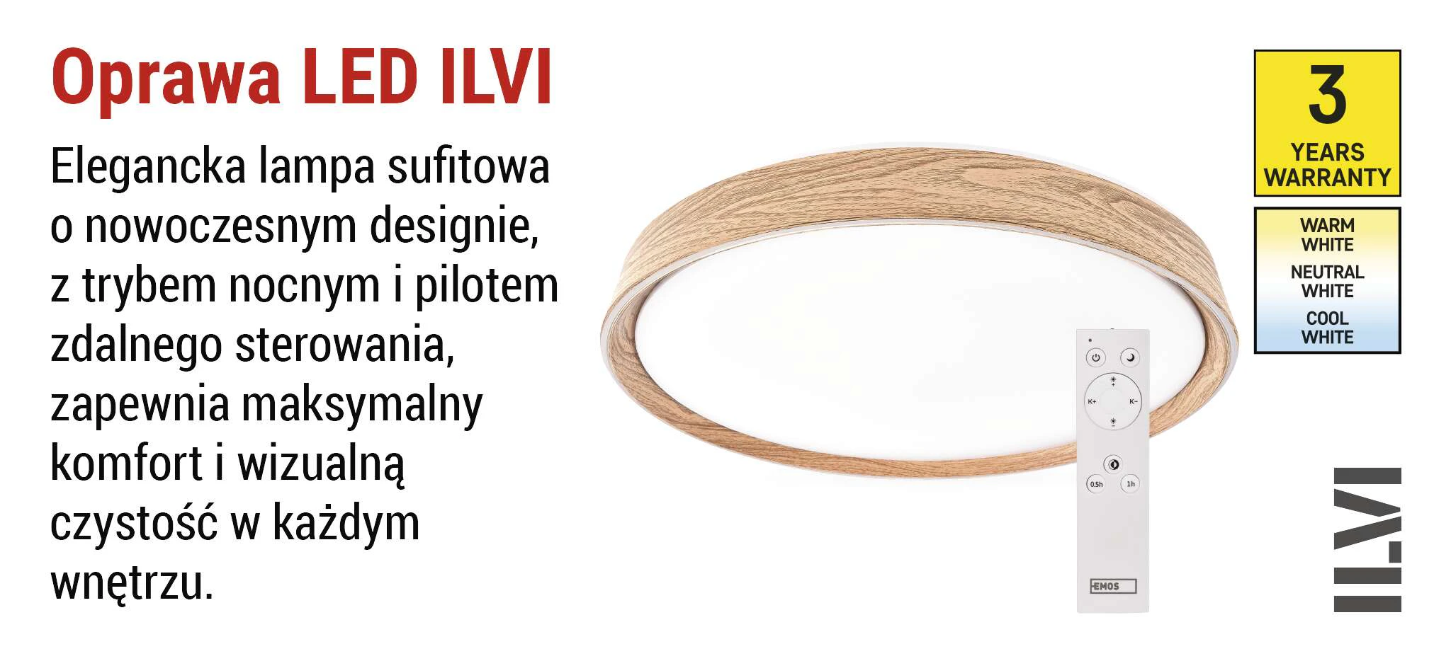 Oprawa LED EMOS ILVI 30W CCT regulowana ściemnialna z pilotem ∅400mm drewno