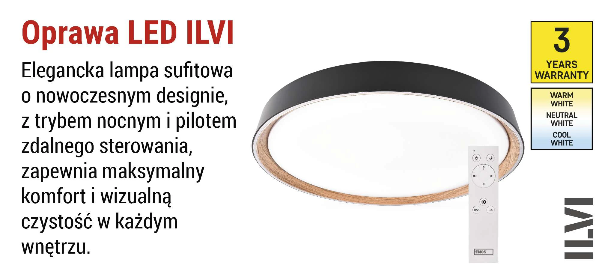 Oprawa LED EMOS ILVI 30W to okrągły plafon natynkowy o średnicy 400 mm