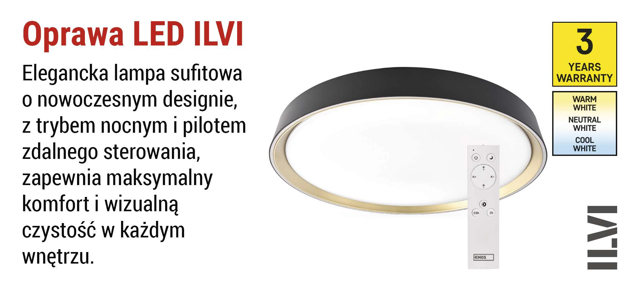 Oprawa LED EMOS ILVI 45W CCT regulowana ściemnialna z pilotem ∅500mm czarnaszampan