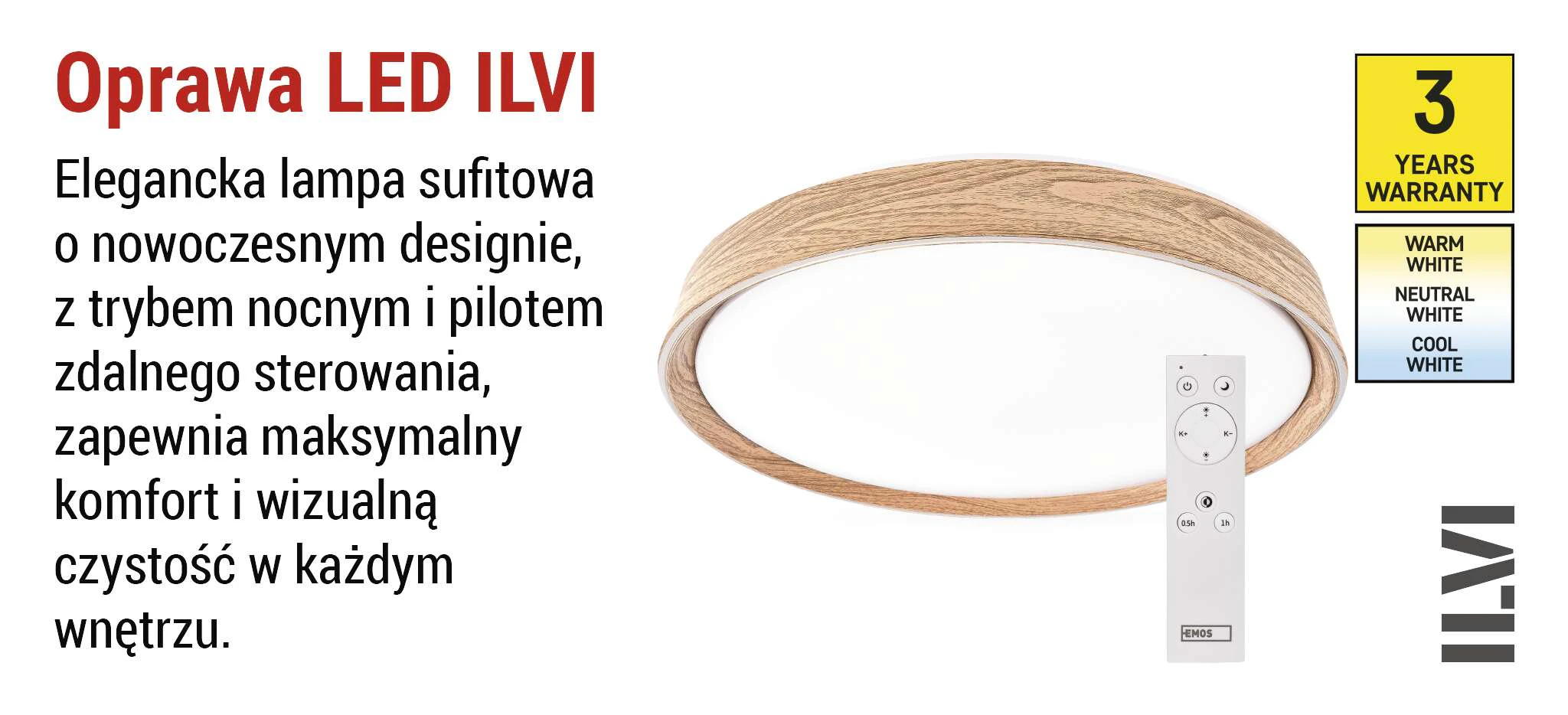 Oprawa LED EMOS ILVI 45W CCT regulowana ściemnialna z pilotem ∅500mm drewno