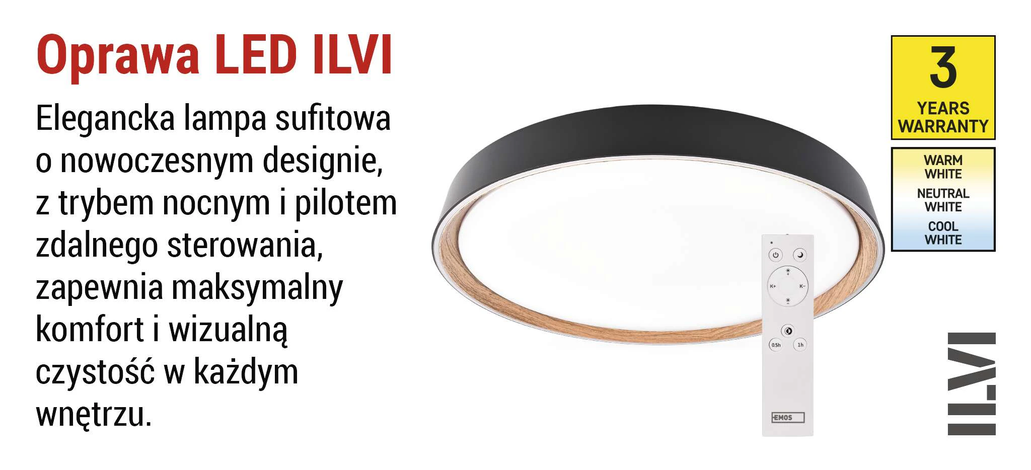 Oprawa LED EMOS ILVI 45W to okrągły plafon natynkowy o średnicy 500 mm