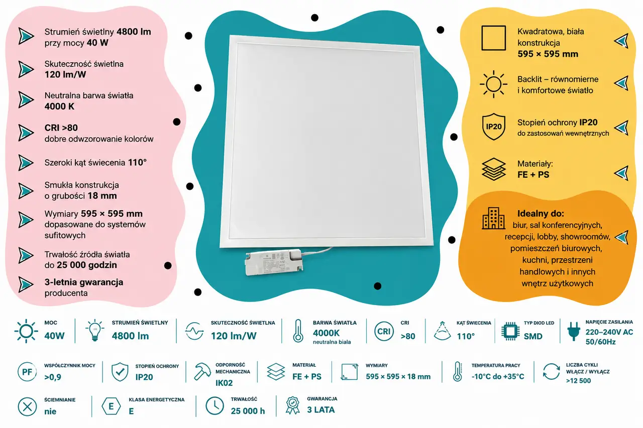 Panel LED V-TAC VT-61041 40W 4000K 4800 lm 60x60 120 lmW