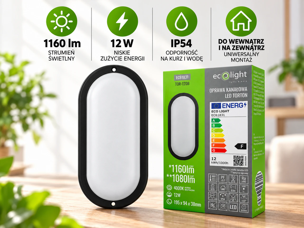 Plafon LED Eco Light Torton TOR-12OB 12W 1080lm 4000K IP54 – owalny czarny