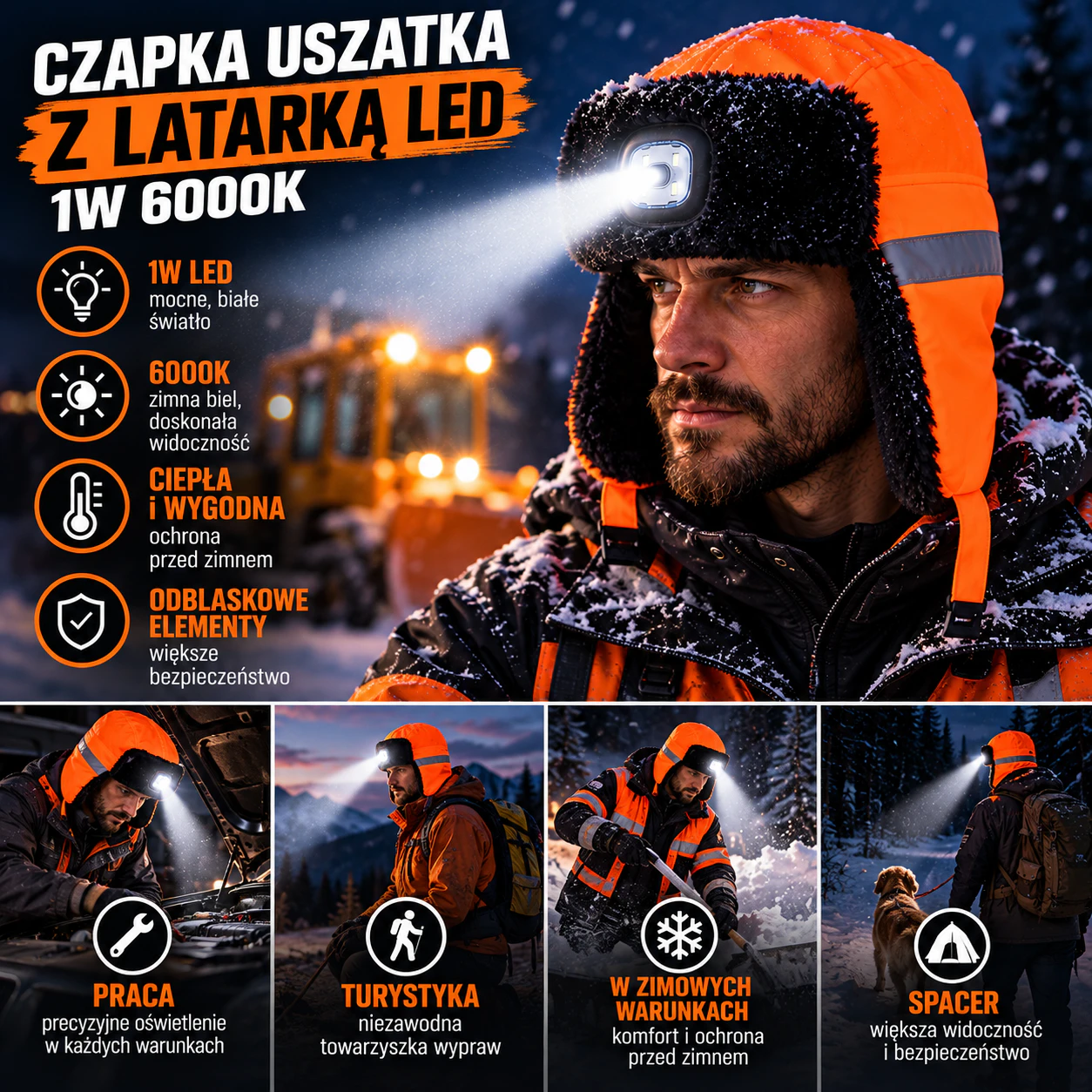 Pomarańczowa czapka uszatka Eco Light z włączoną latarką