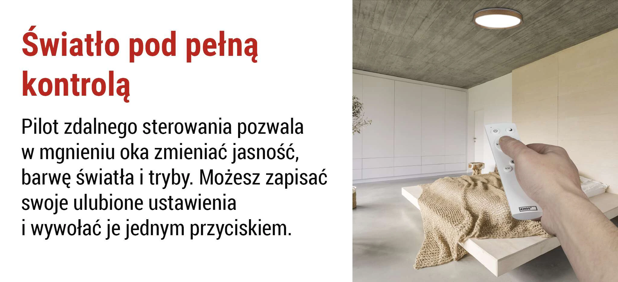 Regulacja temperatury barwowej CCT i ściemnianie pilotem ∅500mm drewno