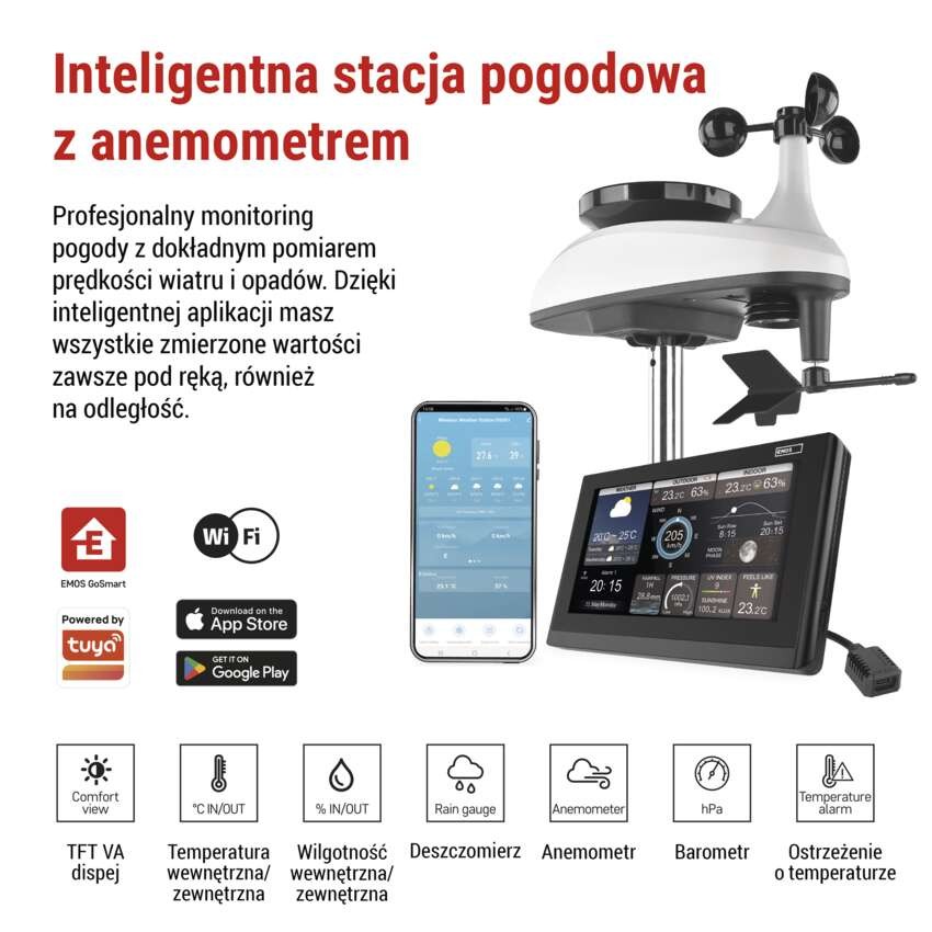 Stacja pogodowa Wi-Fi EMOS E6001 z kolorowym wyświetlaczem, wiatromierzem i deszczomierzem
