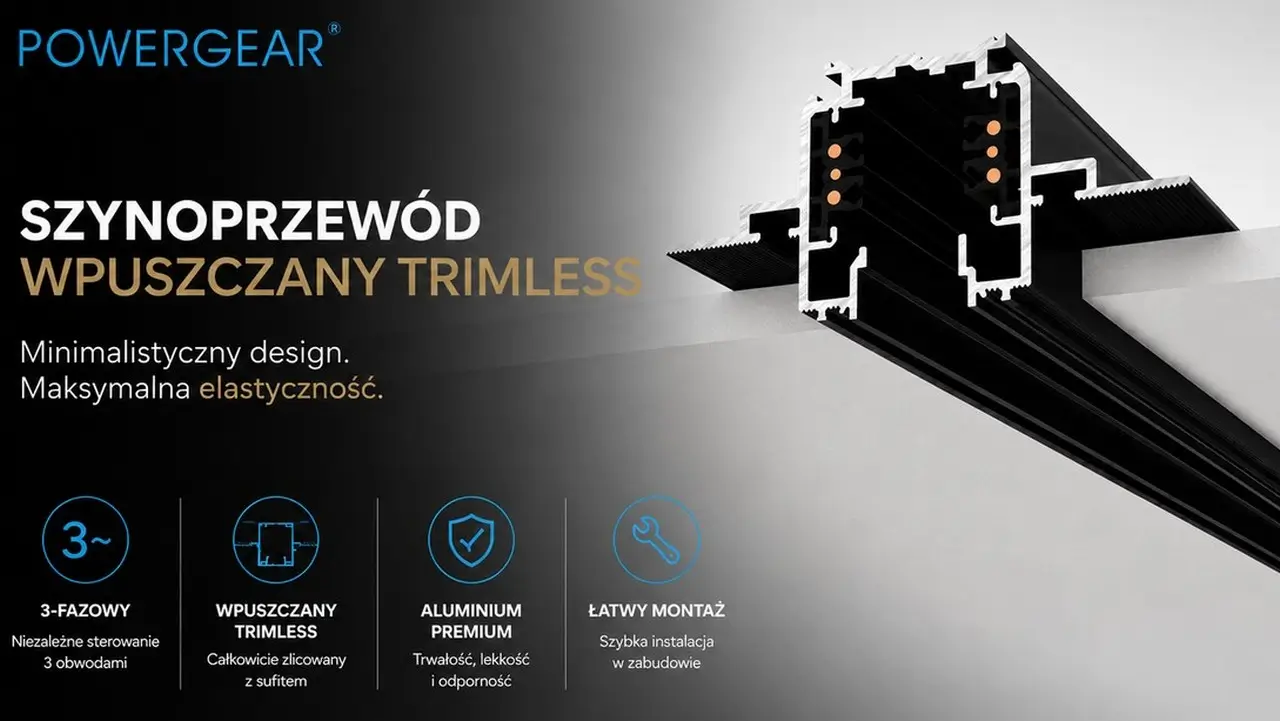 Szynoprzewód wpuszczany Trimless 3-fazowy PRO-TR430-B 3 m czarny