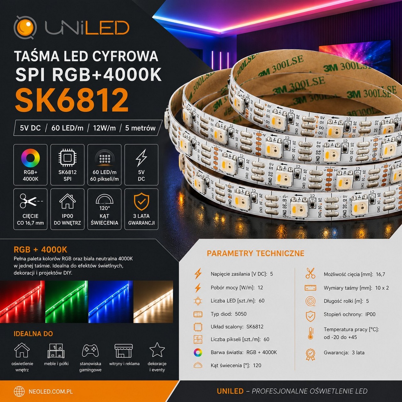Taśma LED Cyfrowa SPI RGB+4000K SK6812 5V 60 LEDm 5m