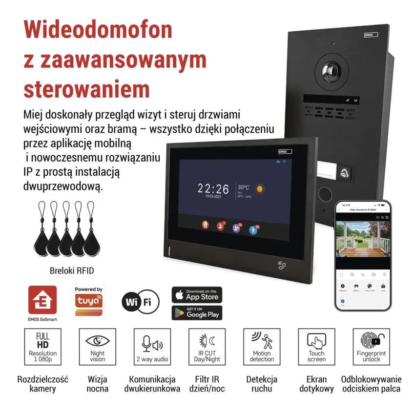 Wideodomofon EMOS GoSmart IP880A 2WIRE Wi-Fi 7″ Full HD z RFID i czytnikiem linii papilarnych