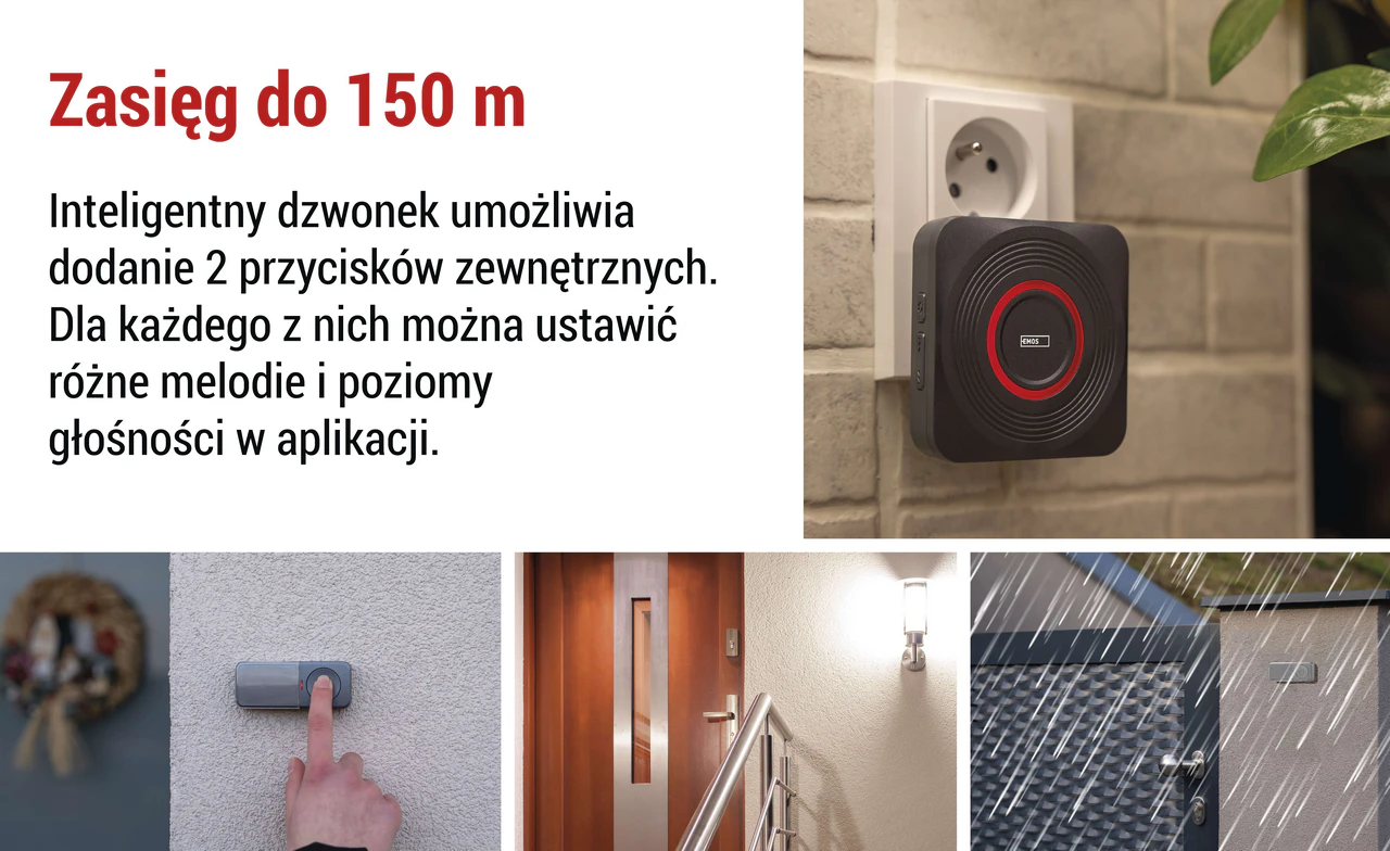 Zasięg radiowy do 150 m i przycisk IP44