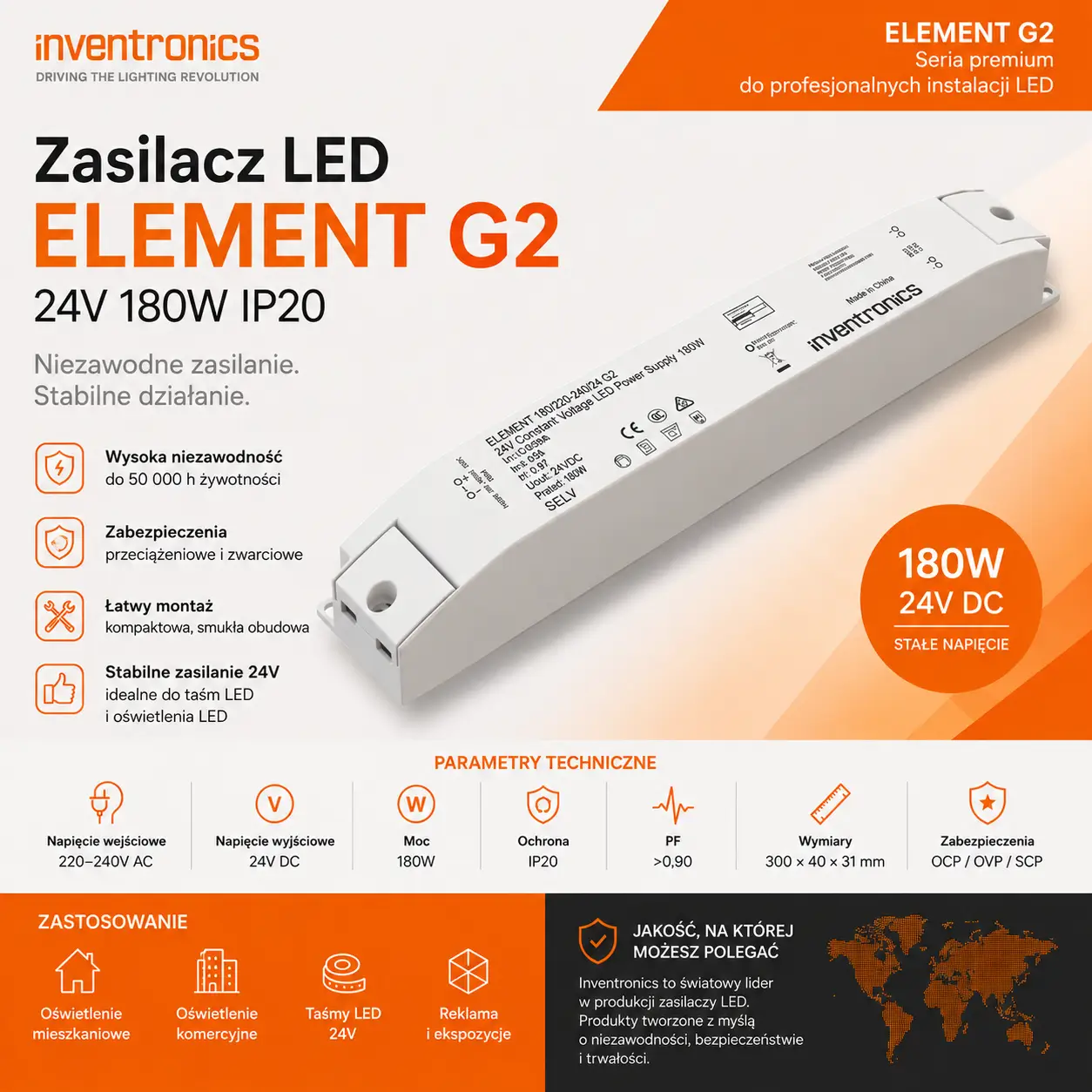 Zasilacz LED 24V ELEMENT 180W stałonapięciowy driver