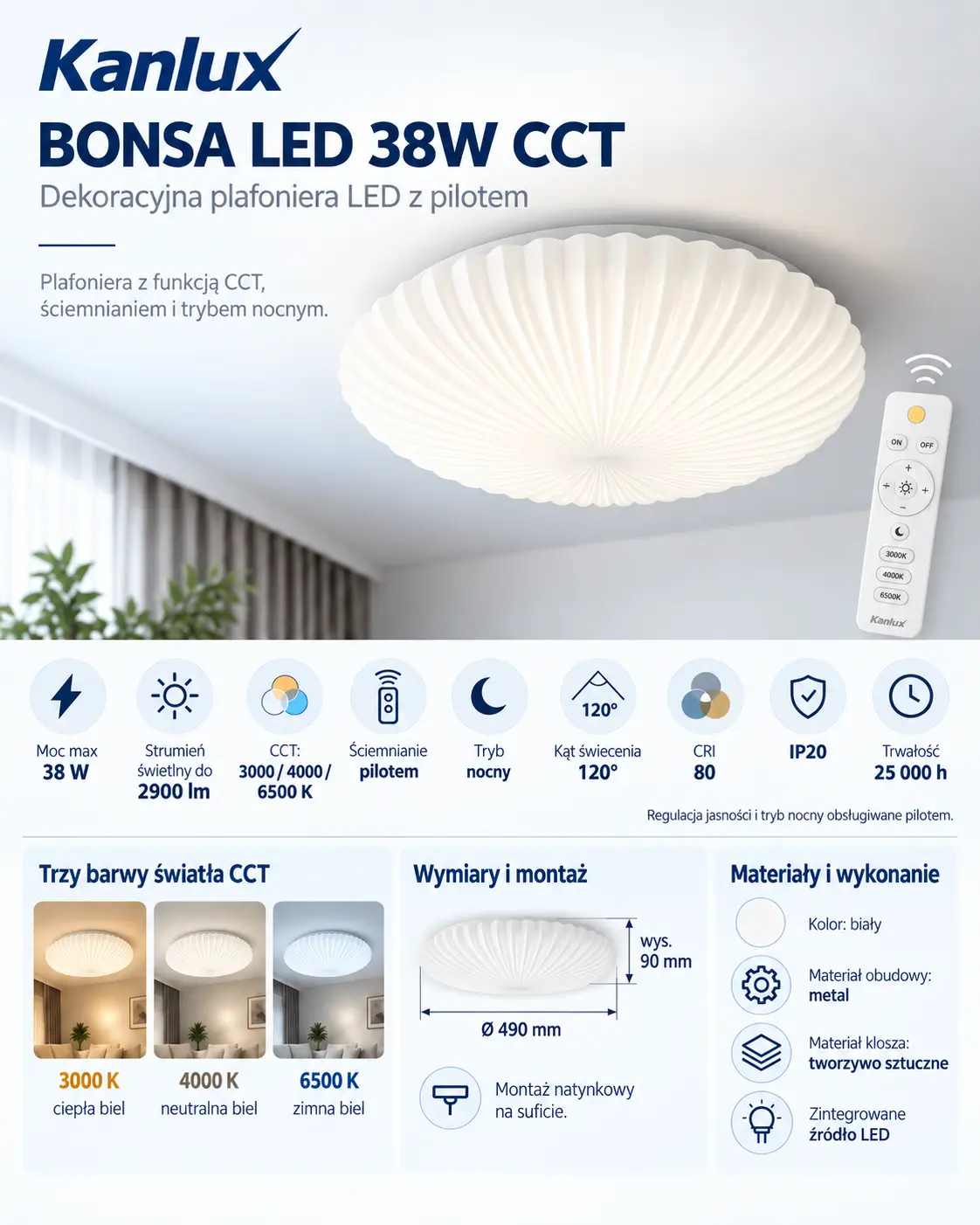 Plafon LED Kanlux BONSA 38W CCT