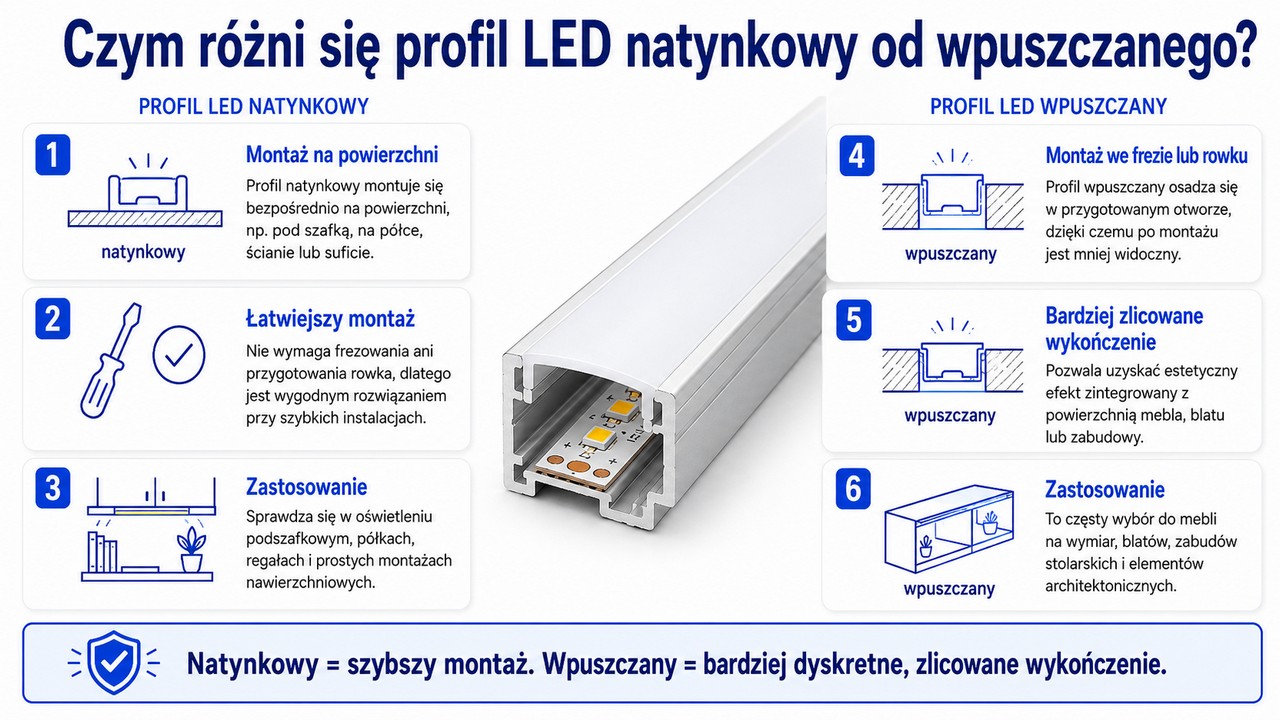 Czym różni się profil LED natynkowy od wpuszczanego?