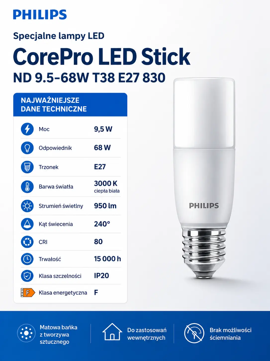 CorePro LED Stick ND 9.5-68W T38 E27 830