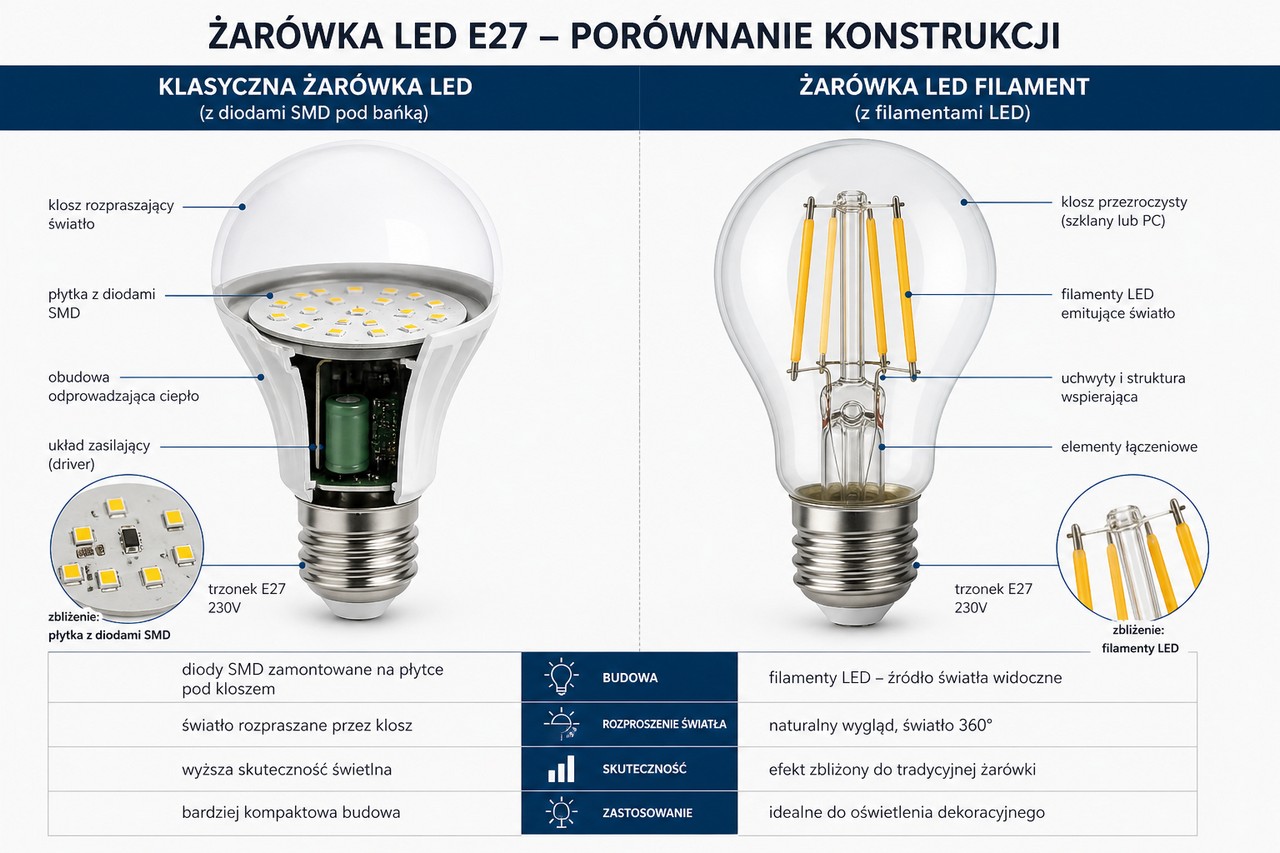 Porównanie klasycznej żarówki LED E27 do wersji Filament