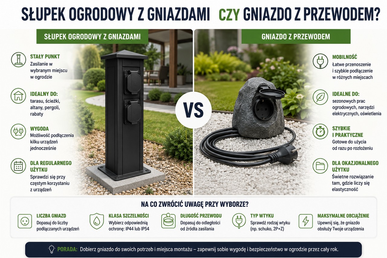 Słupek ogrodowy z gniazdami czy gniazdo z przewodem?