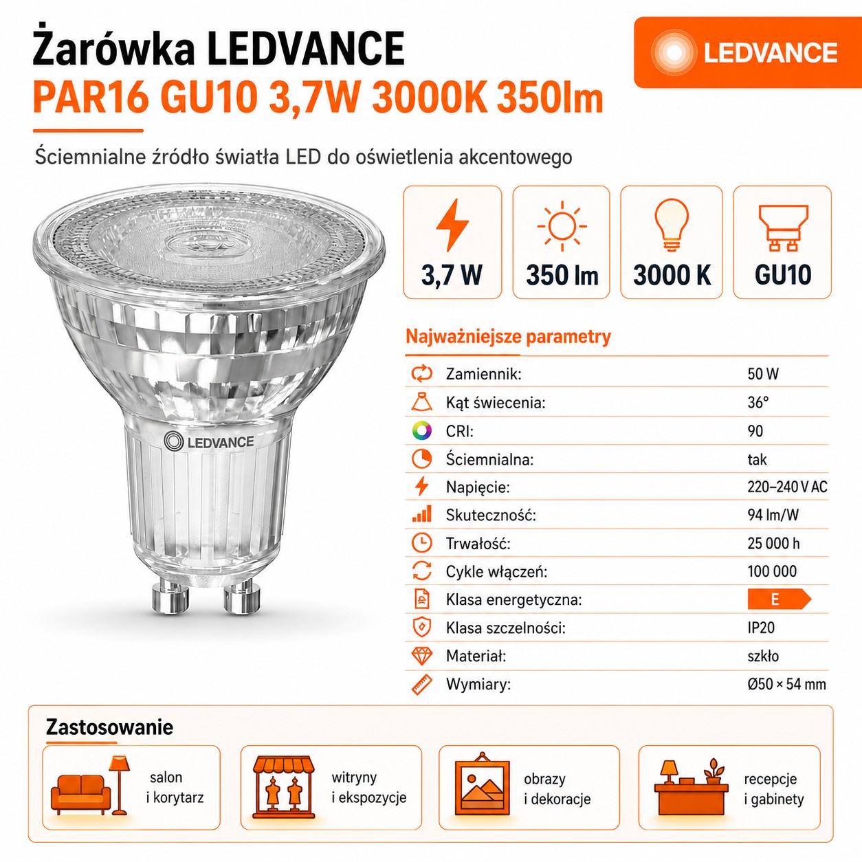 Żarówka LED GU10 PAR16 P 3,7W 350lm 3000K 36° ściemnialna CRI90
