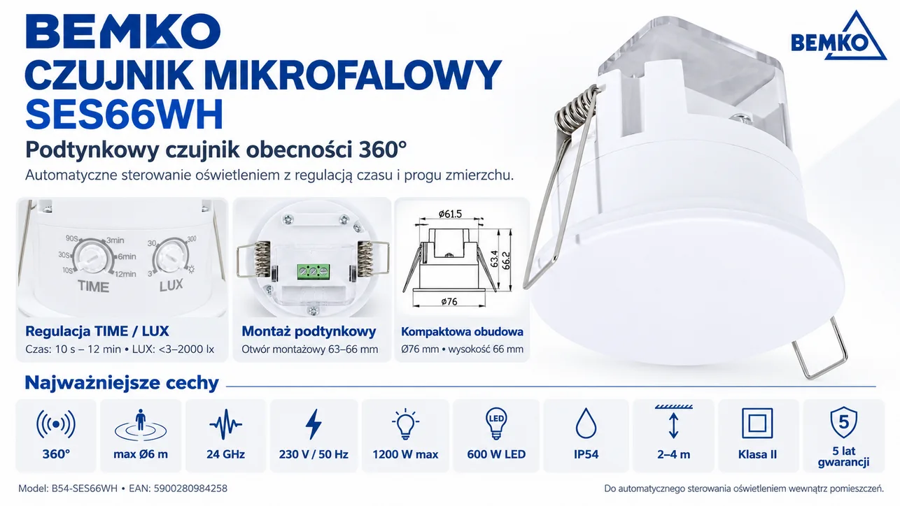 Czujnik obecności mikrofalowy 360° podtynkowy IP54 SES66WH