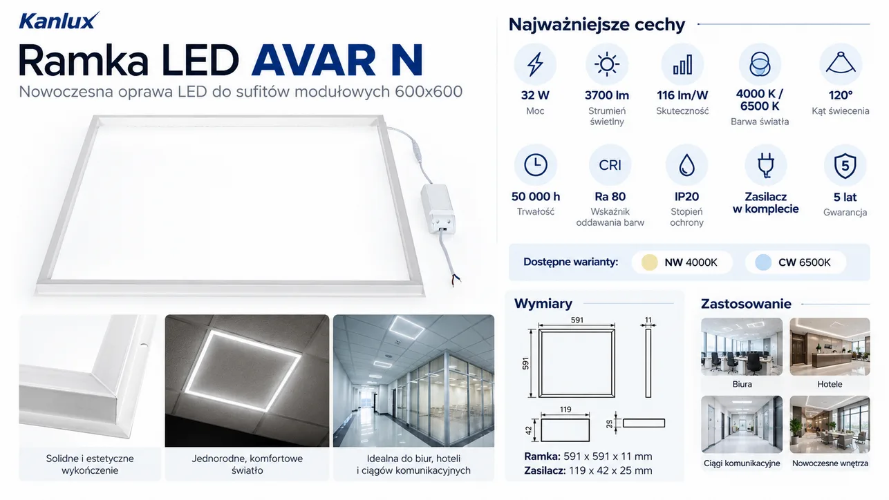 Ramka LED AVAR N 60x60 32W 4000K 3700lm biała Kanlux