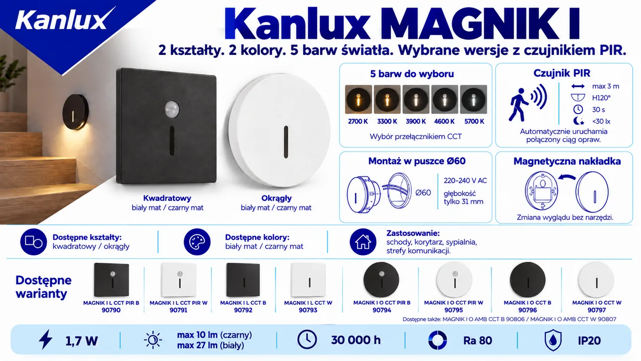 Oprawa schodowa LED MAGNIK I kwadratowa czarna z czujnikiem ruchu
